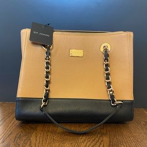 St John Knits Saffiano Leather Tote Bag Black/Biscuit NWT MSRP $990 12”x10”x6
